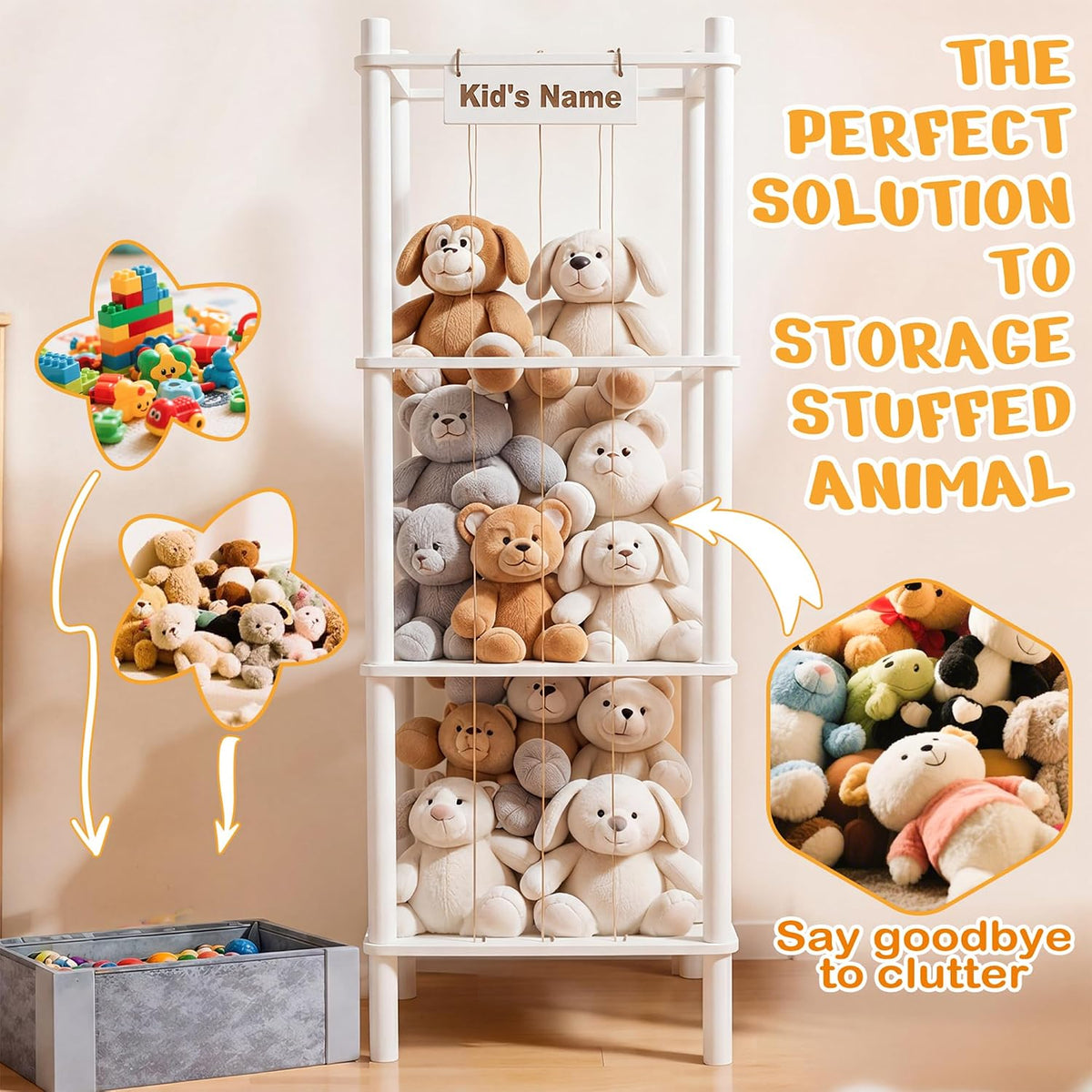 Stuffed Animal Storage with Toys Tray, 57In Large Wooden Stuffy Plushies Storage Holder Extra Large Capacity Stuffed Animals Zoo Organizer for Toddler Rooms, Playrooms & Bedrooms