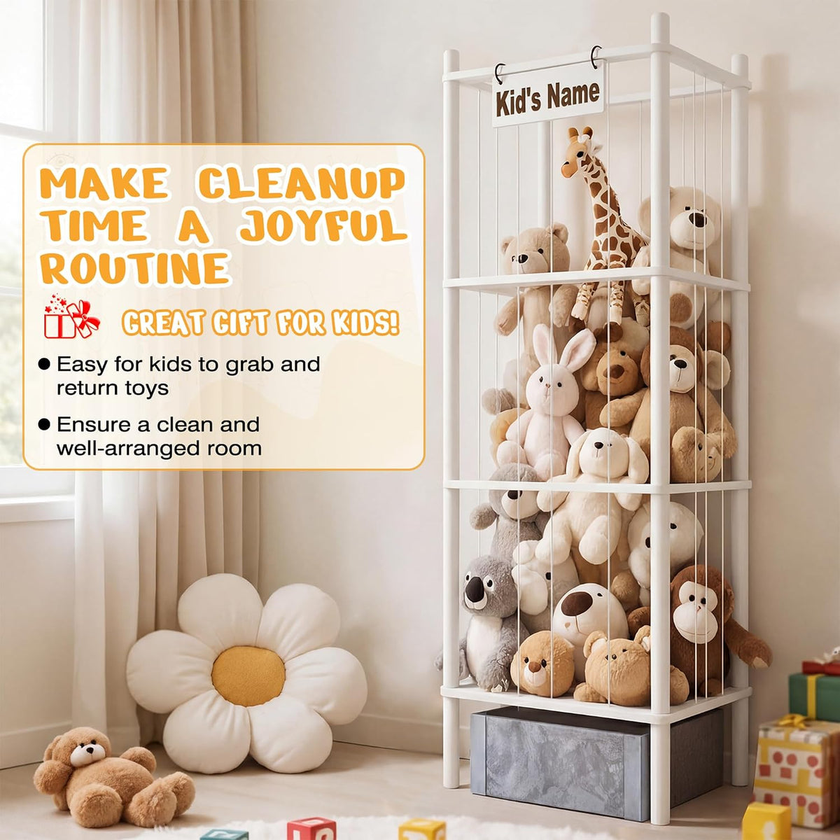Stuffed Animal Storage with Toys Tray, 57In Large Wooden Stuffy Plushies Storage Holder Extra Large Capacity Stuffed Animals Zoo Organizer for Toddler Rooms, Playrooms & Bedrooms