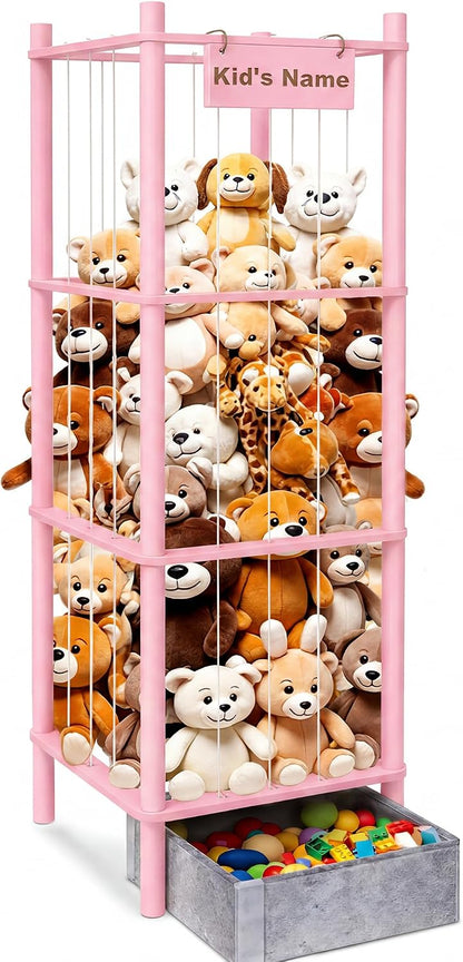 Stuffed Animal Storage with Toys Tray, 57In Large Wooden Stuffy Plushies Storage Holder Extra Large Capacity Stuffed Animals Zoo Organizer for Toddler Rooms, Playrooms & Bedrooms