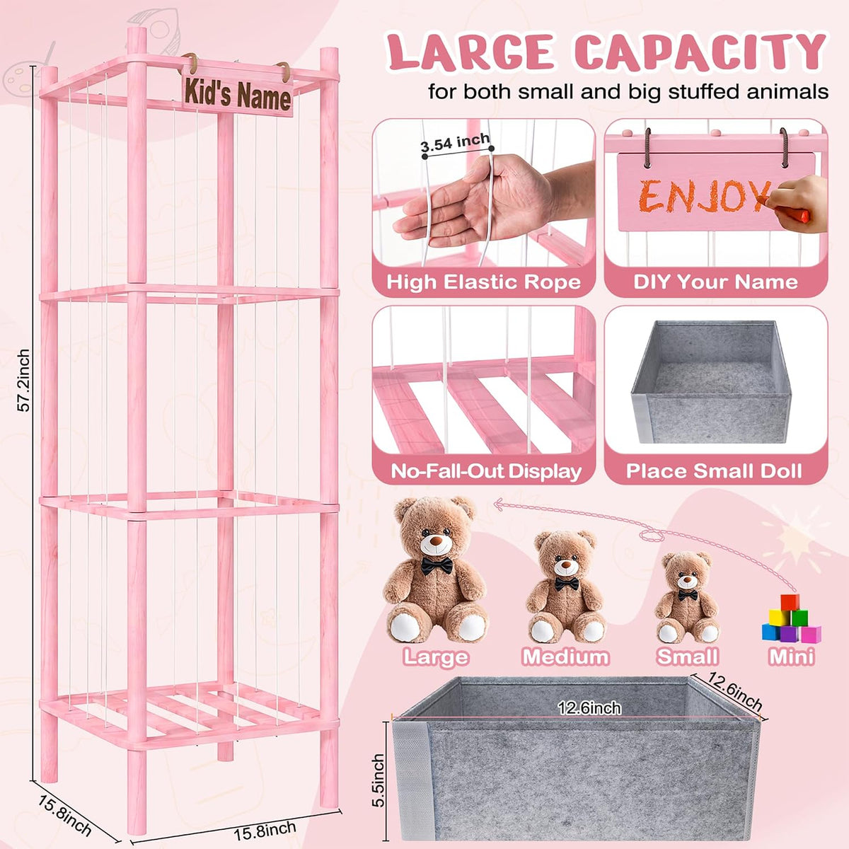 Stuffed Animal Storage with Toys Tray, 57In Large Wooden Stuffy Plushies Storage Holder Extra Large Capacity Stuffed Animals Zoo Organizer for Toddler Rooms, Playrooms & Bedrooms