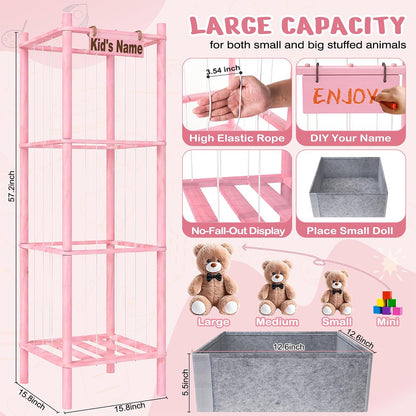 Stuffed Animal Storage with Toys Tray, 57In Large Wooden Stuffy Plushies Storage Holder Extra Large Capacity Stuffed Animals Zoo Organizer for Toddler Rooms, Playrooms & Bedrooms
