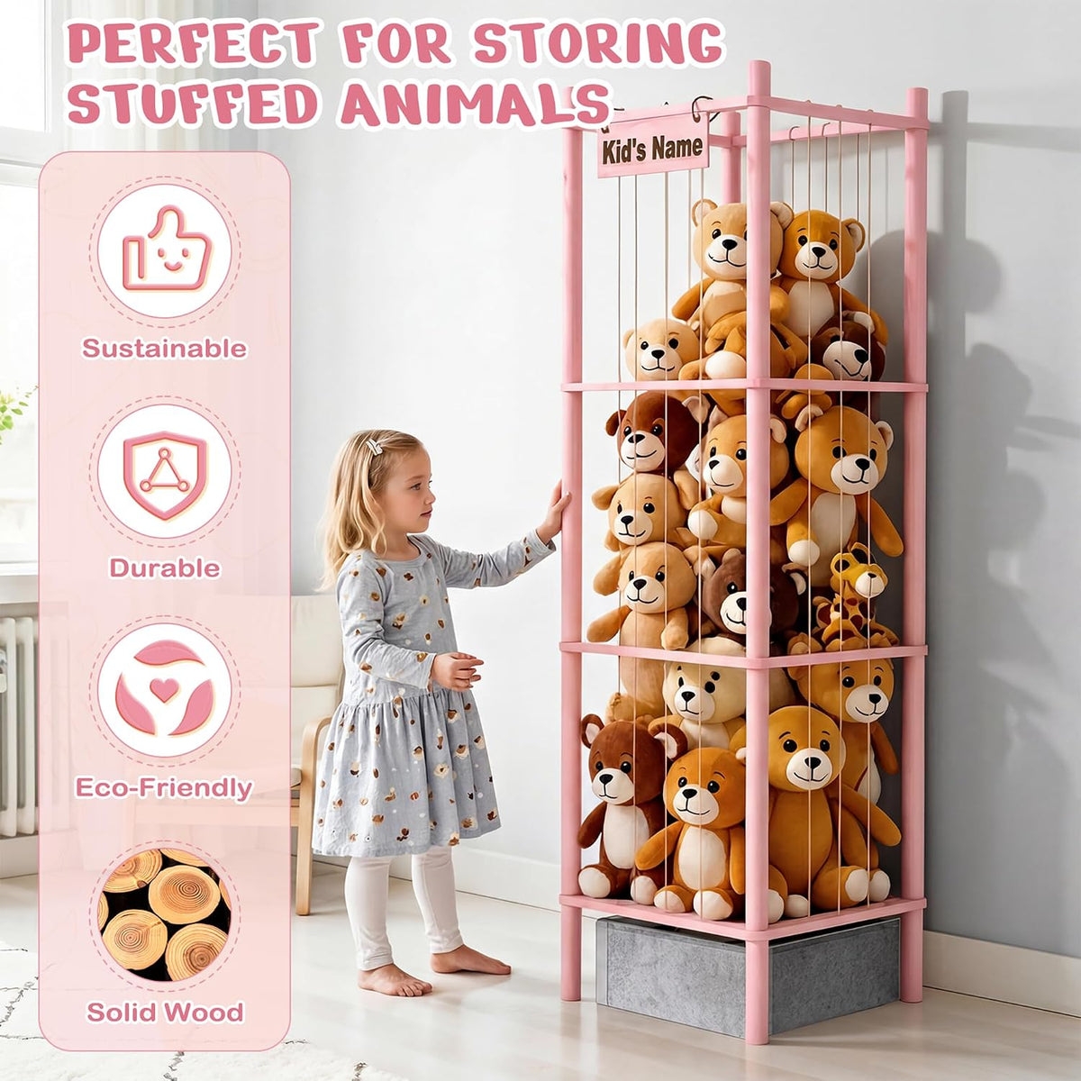 Stuffed Animal Storage with Toys Tray, 57In Large Wooden Stuffy Plushies Storage Holder Extra Large Capacity Stuffed Animals Zoo Organizer for Toddler Rooms, Playrooms & Bedrooms