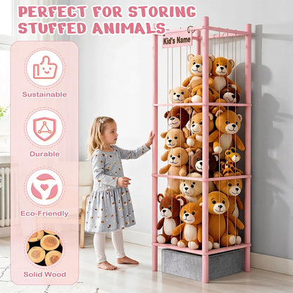 Stuffed Animal Storage with Toys Tray, 57In Large Wooden Stuffy Plushies Storage Holder Extra Large Capacity Stuffed Animals Zoo Organizer for Toddler Rooms, Playrooms & Bedrooms