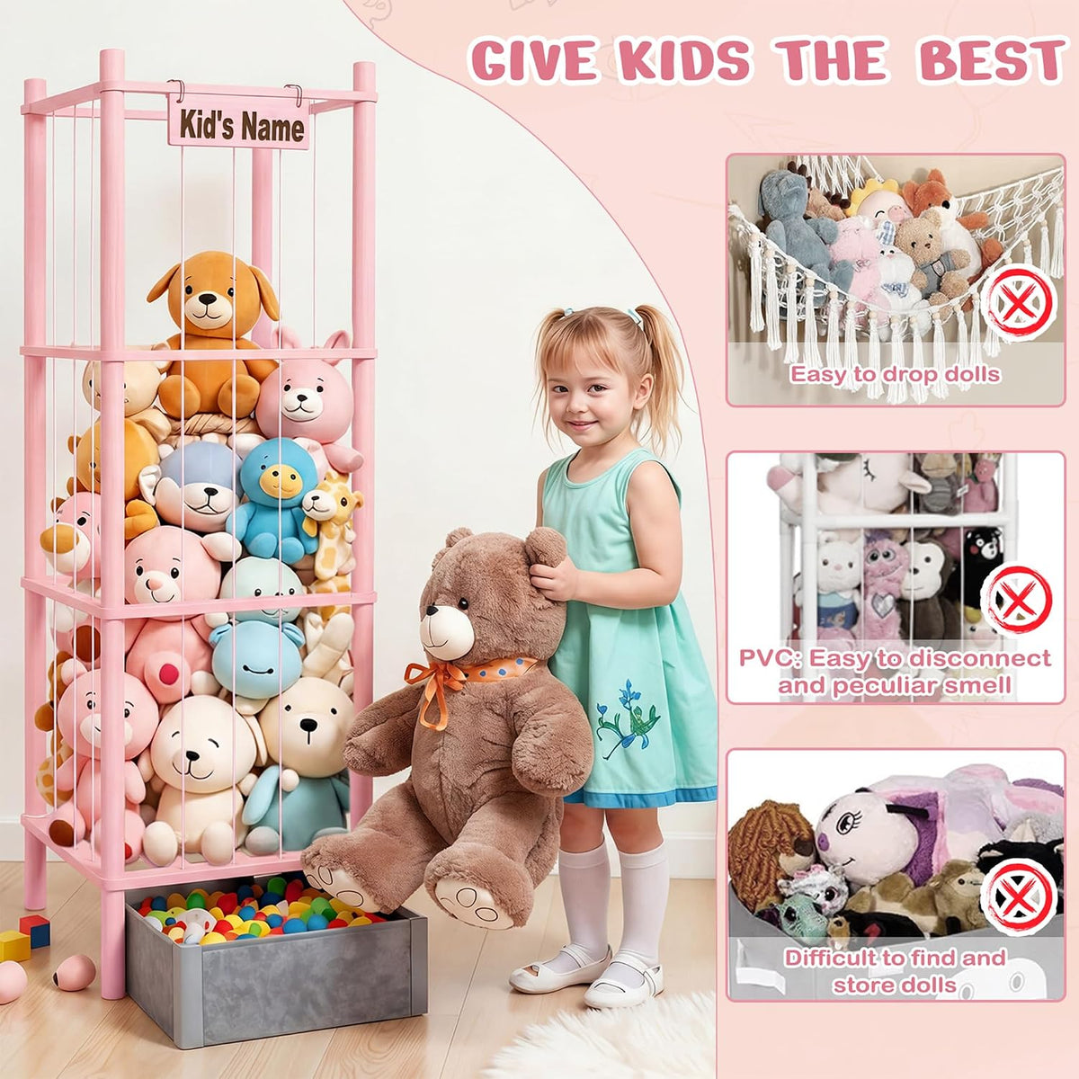 Stuffed Animal Storage with Toys Tray, 57In Large Wooden Stuffy Plushies Storage Holder Extra Large Capacity Stuffed Animals Zoo Organizer for Toddler Rooms, Playrooms & Bedrooms
