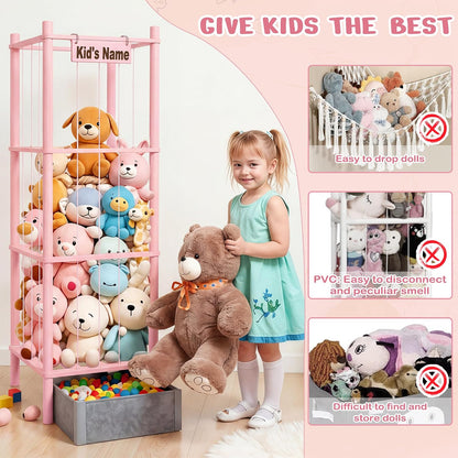 Stuffed Animal Storage with Toys Tray, 57In Large Wooden Stuffy Plushies Storage Holder Extra Large Capacity Stuffed Animals Zoo Organizer for Toddler Rooms, Playrooms & Bedrooms