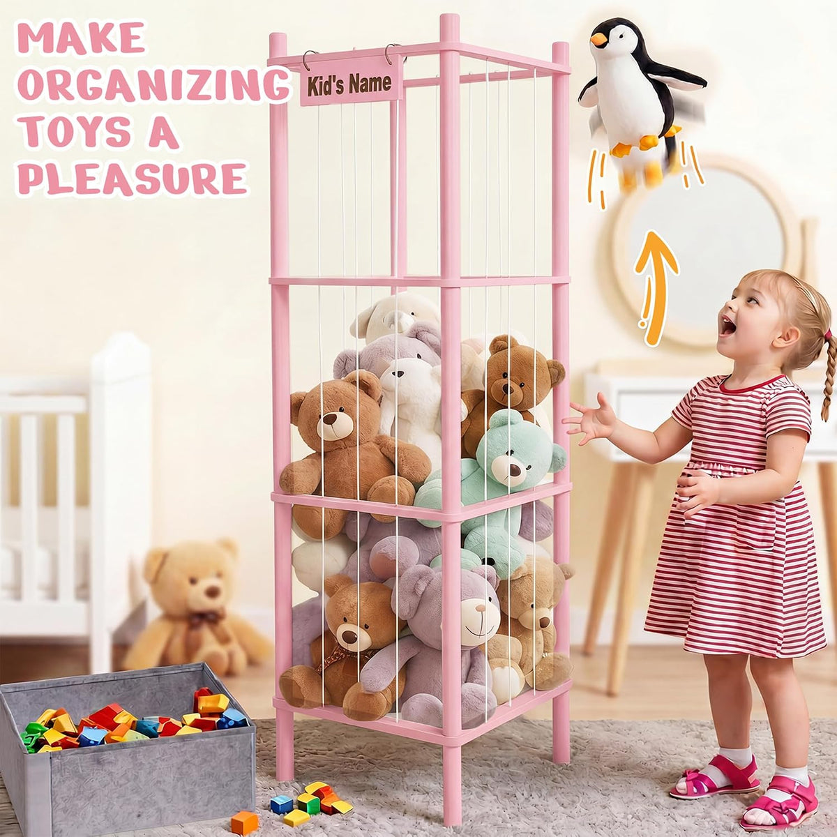 Stuffed Animal Storage with Toys Tray, 57In Large Wooden Stuffy Plushies Storage Holder Extra Large Capacity Stuffed Animals Zoo Organizer for Toddler Rooms, Playrooms & Bedrooms