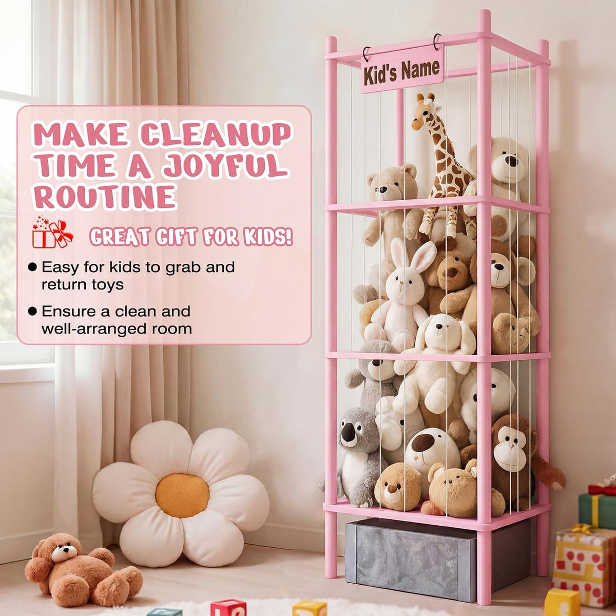 Stuffed Animal Storage with Toys Tray, 57In Large Wooden Stuffy Plushies Storage Holder Extra Large Capacity Stuffed Animals Zoo Organizer for Toddler Rooms, Playrooms & Bedrooms