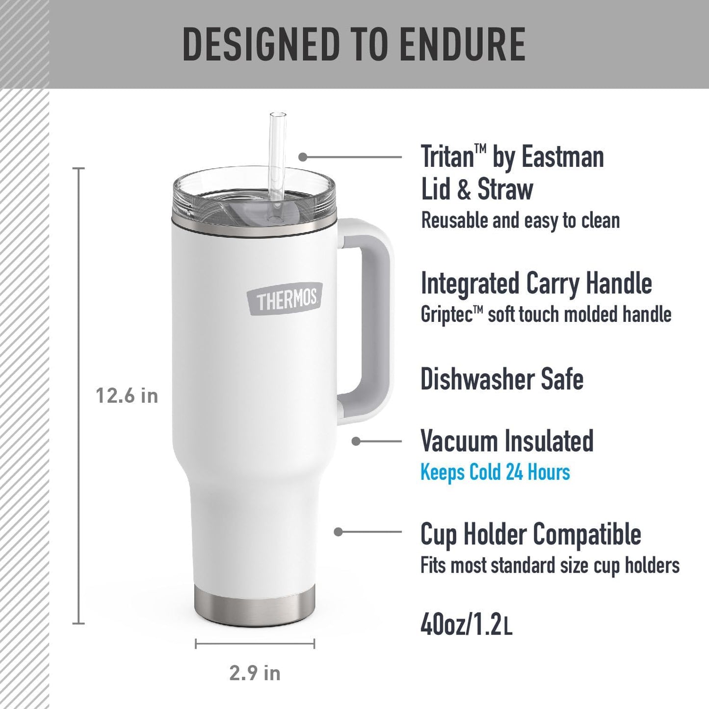 Stainless Steel Cup Holder Mug - 40 Ounce, Granite - Insulated Tumbler with Lid and Straw, Plus Leak-Resistant Slide Lock