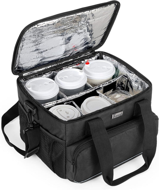 6-Cup Drink Carrier for Delivery Insulated Tote Bag, Black | Adjustable Dividers, Handle & Shoulder Strap,Reusable for Beverages,Food Take Out,Outdoors