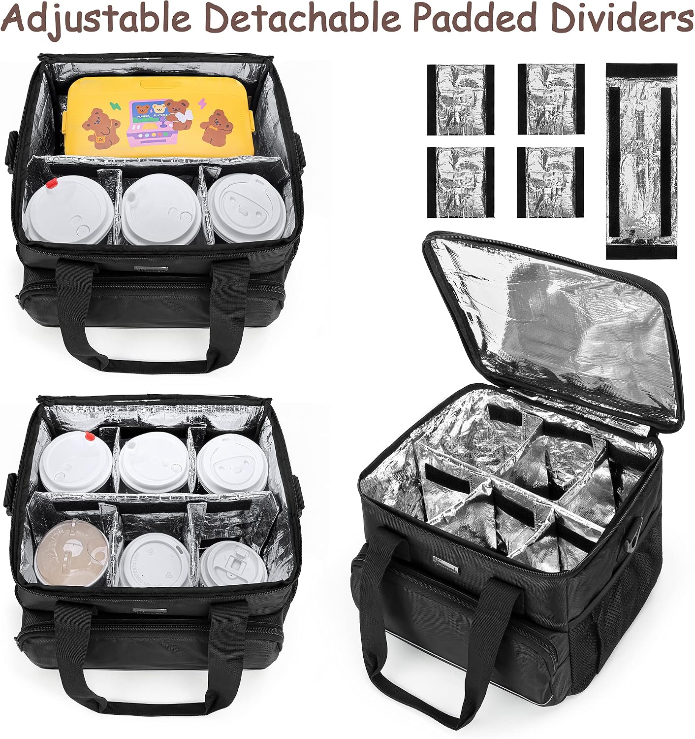 6-Cup Drink Carrier for Delivery Insulated Tote Bag, Black | Adjustable Dividers, Handle & Shoulder Strap,Reusable for Beverages,Food Take Out,Outdoors