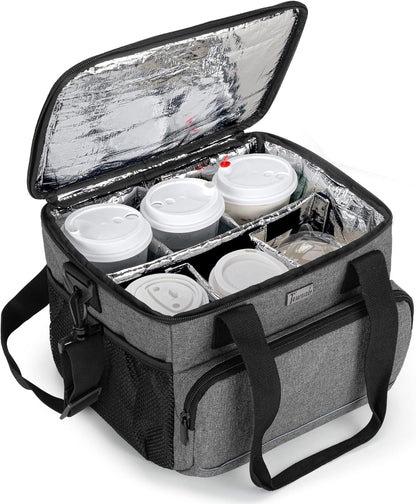 6-Cup Drink Carrier for Delivery Insulated Tote Bag, Black | Adjustable Dividers, Handle & Shoulder Strap,Reusable for Beverages,Food Take Out,Outdoors