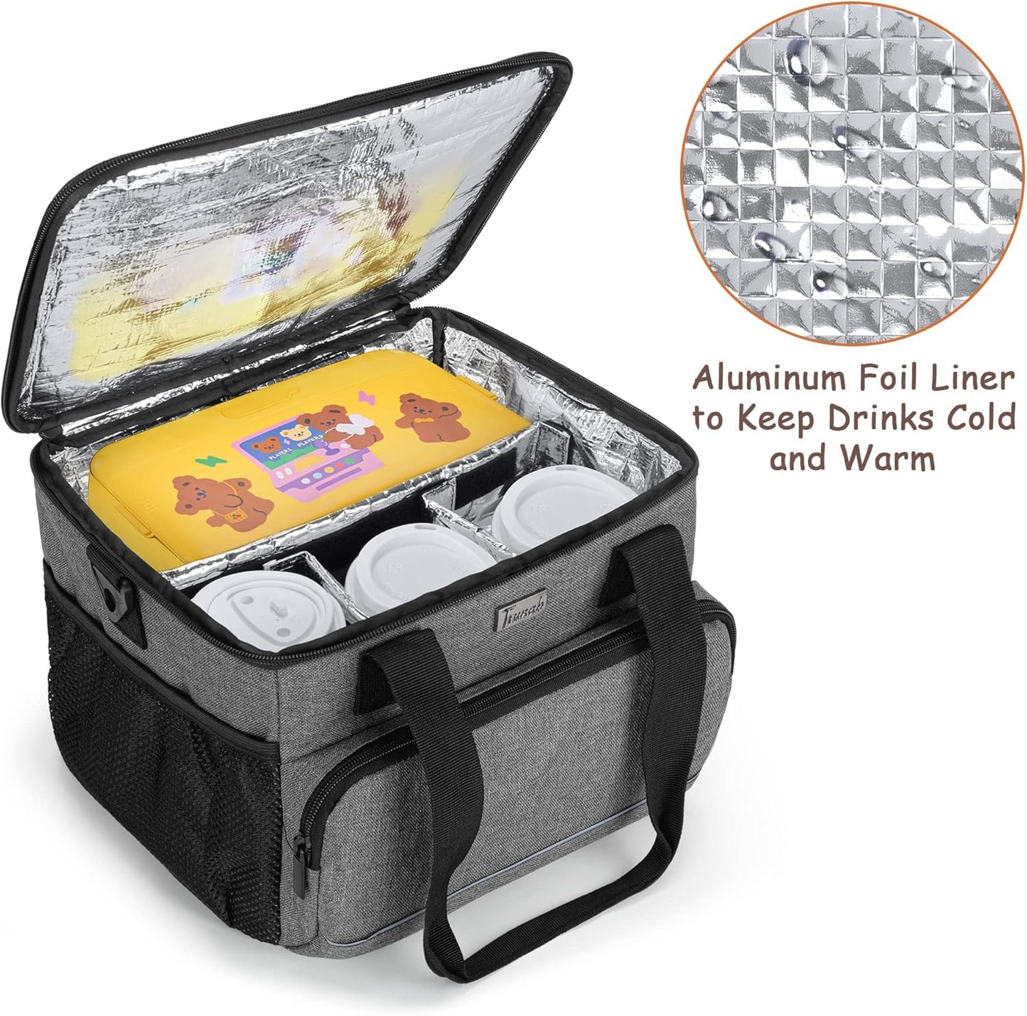 6-Cup Drink Carrier for Delivery Insulated Tote Bag, Black | Adjustable Dividers, Handle & Shoulder Strap,Reusable for Beverages,Food Take Out,Outdoors