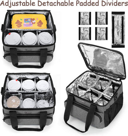 6-Cup Drink Carrier for Delivery Insulated Tote Bag, Black | Adjustable Dividers, Handle & Shoulder Strap,Reusable for Beverages,Food Take Out,Outdoors