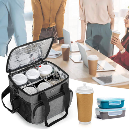 6-Cup Drink Carrier for Delivery Insulated Tote Bag, Black | Adjustable Dividers, Handle & Shoulder Strap,Reusable for Beverages,Food Take Out,Outdoors
