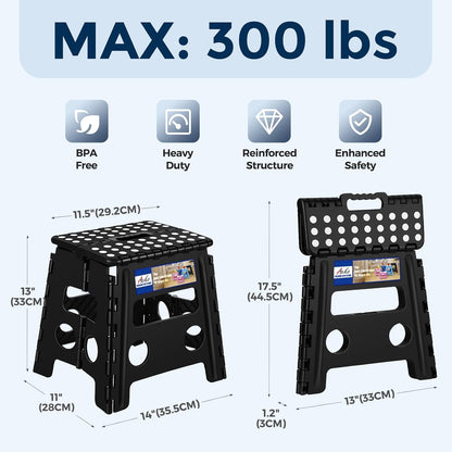 13 Inch Folding Step Stool, Holds 300 lb for Adults and Kids, Black