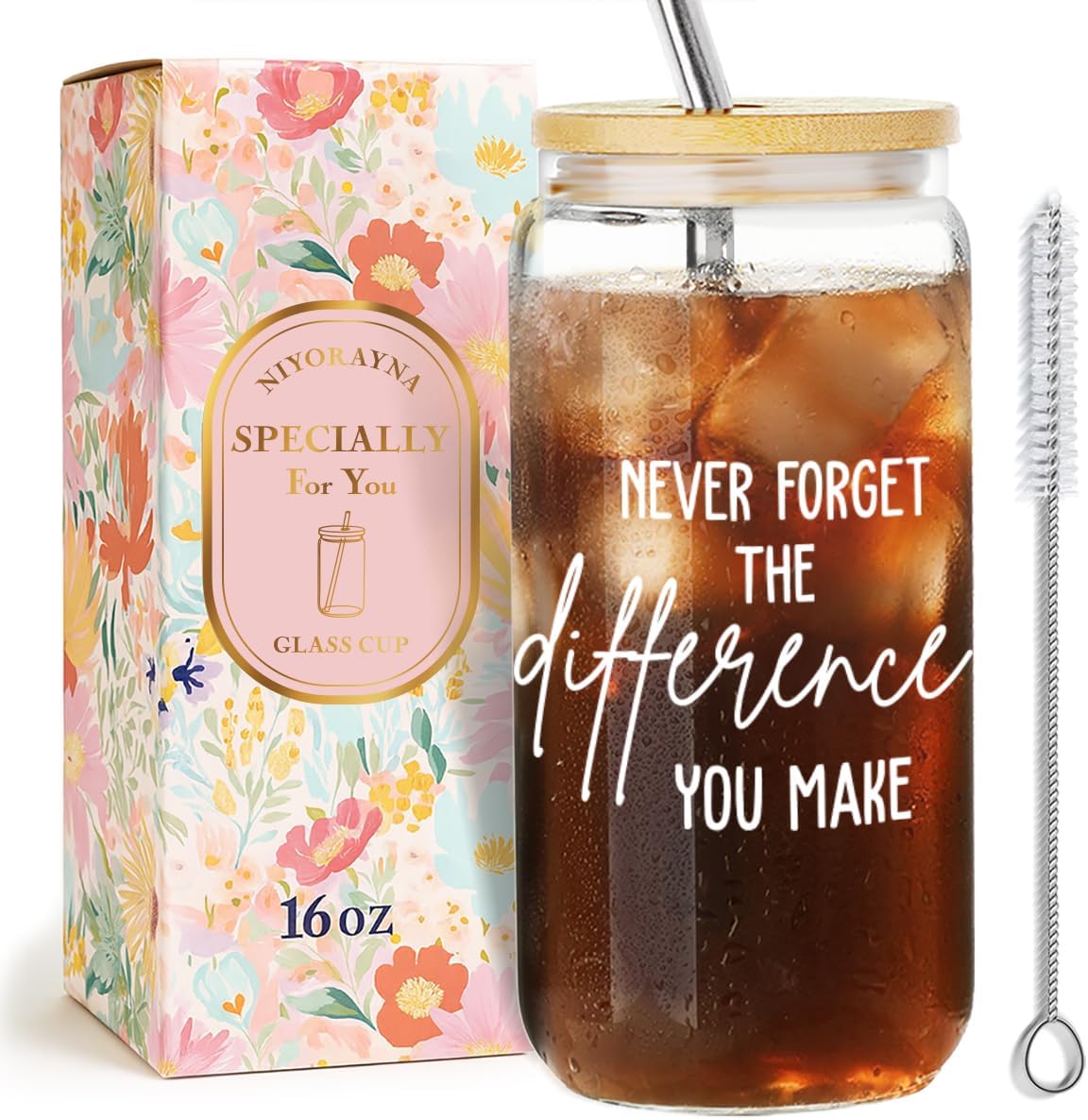 Thank You Gifts for Coworkers,Boss Woman,Daycare,Therapist,Mentor, Nurse,Teacher Appreciation Gift for Birthday,Christmas,Thanksgiving,Retirement Gifts Glass Coffee Cups with Lids and Straws -112
