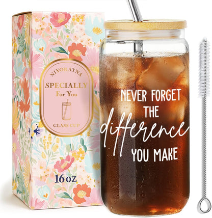 Thank You Gifts for Coworkers,Boss Woman,Daycare,Therapist,Mentor, Nurse,Teacher Appreciation Gift for Birthday,Christmas,Thanksgiving,Retirement Gifts Glass Coffee Cups with Lids and Straws -112
