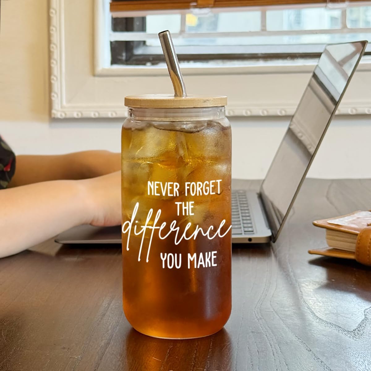 Thank You Gifts for Coworkers,Boss Woman,Daycare,Therapist,Mentor, Nurse,Teacher Appreciation Gift for Birthday,Christmas,Thanksgiving,Retirement Gifts Glass Coffee Cups with Lids and Straws -112