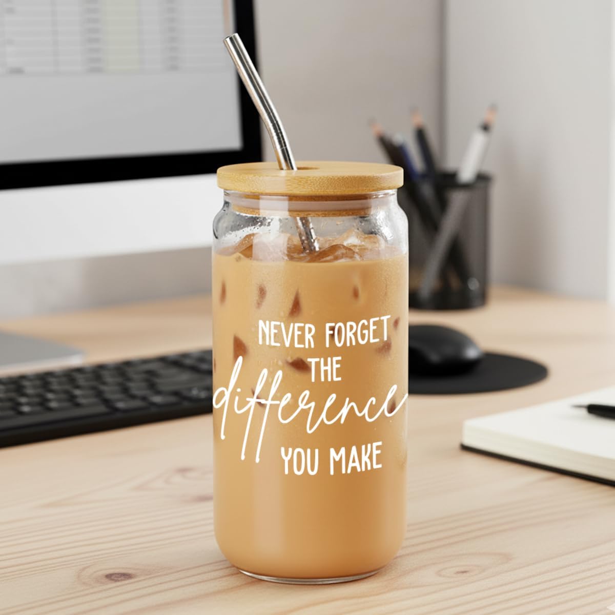 Thank You Gifts for Coworkers,Boss Woman,Daycare,Therapist,Mentor, Nurse,Teacher Appreciation Gift for Birthday,Christmas,Thanksgiving,Retirement Gifts Glass Coffee Cups with Lids and Straws -112