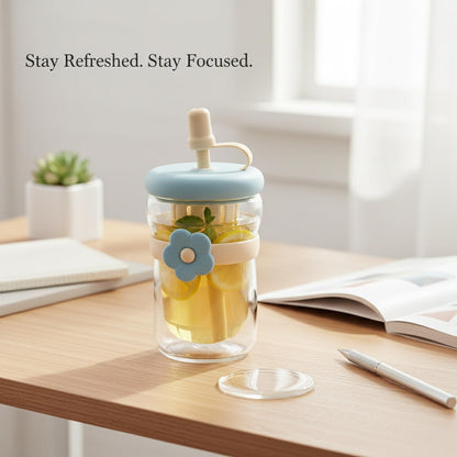 16.9 oz Double-Wall Glass Tumbler with Lid & Straw, Insulated Cup for Hot & Cold Drinks, Fits Cup Holders
