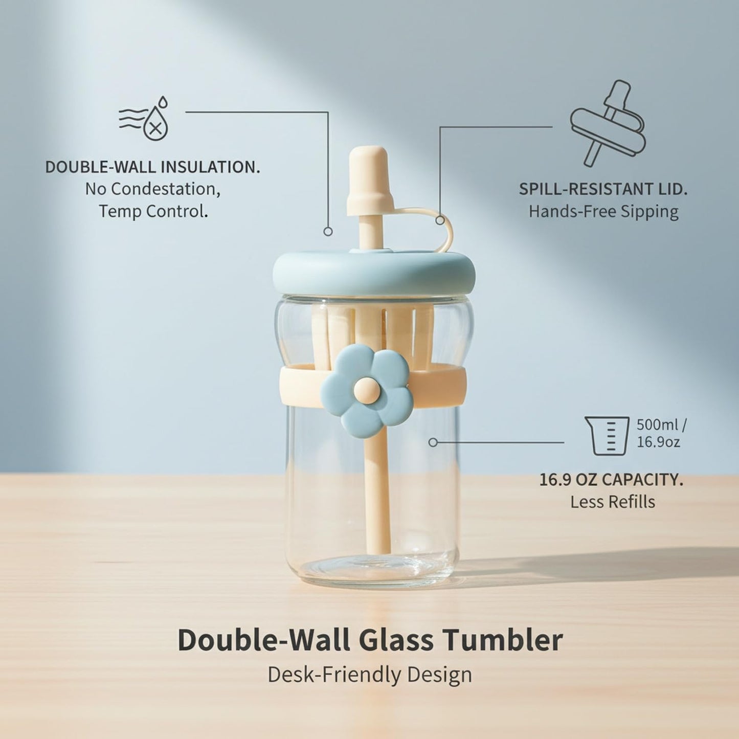 16.9 oz Double-Wall Glass Tumbler with Lid & Straw, Insulated Cup for Hot & Cold Drinks, Fits Cup Holders