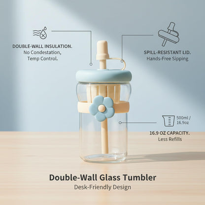 16.9 oz Double-Wall Glass Tumbler with Lid & Straw, Insulated Cup for Hot & Cold Drinks, Fits Cup Holders