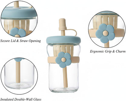 16.9 oz Double-Wall Glass Tumbler with Lid & Straw, Insulated Cup for Hot & Cold Drinks, Fits Cup Holders