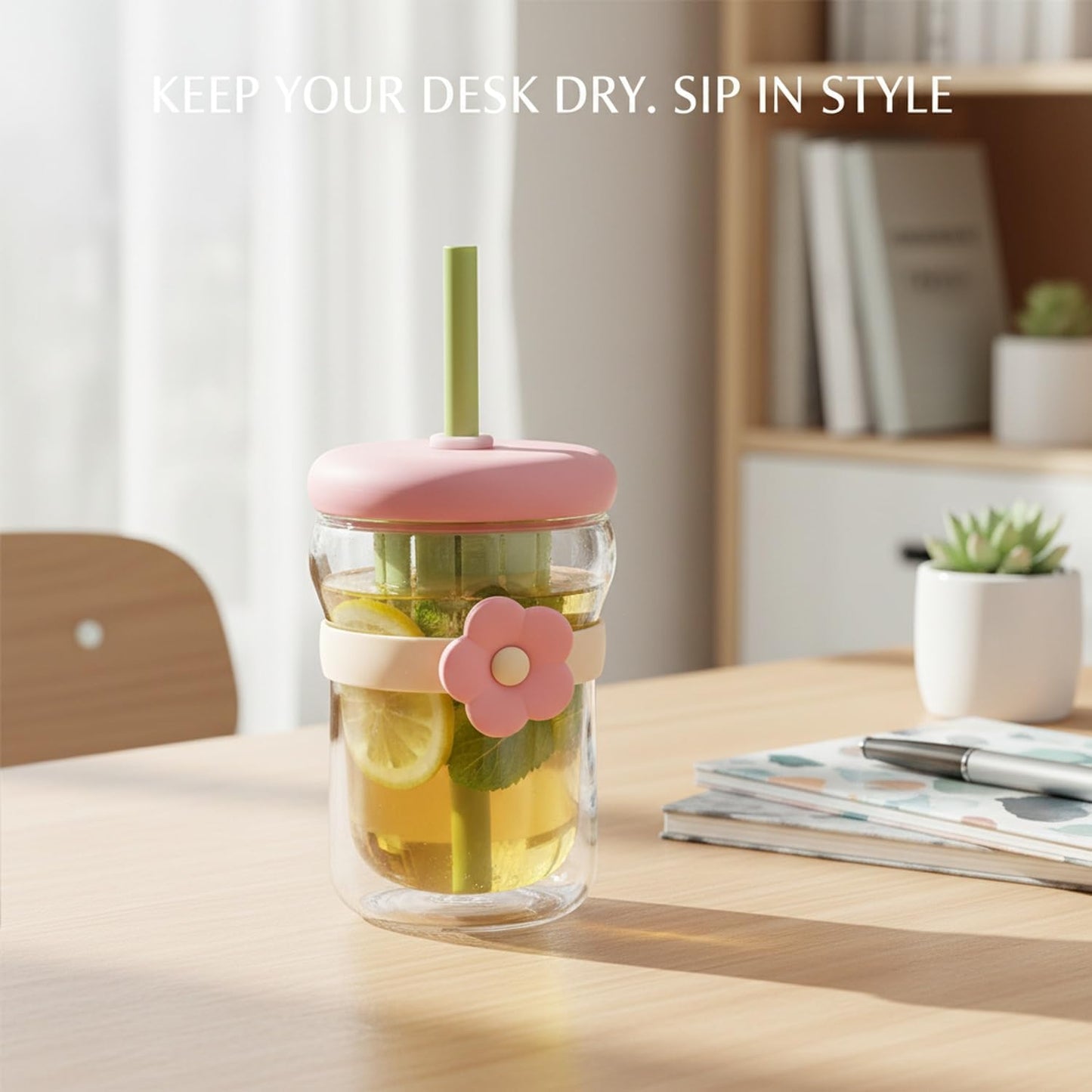 16.9 oz Double-Wall Glass Tumbler with Lid & Straw, Insulated Cup for Hot & Cold Drinks, Fits Cup Holders