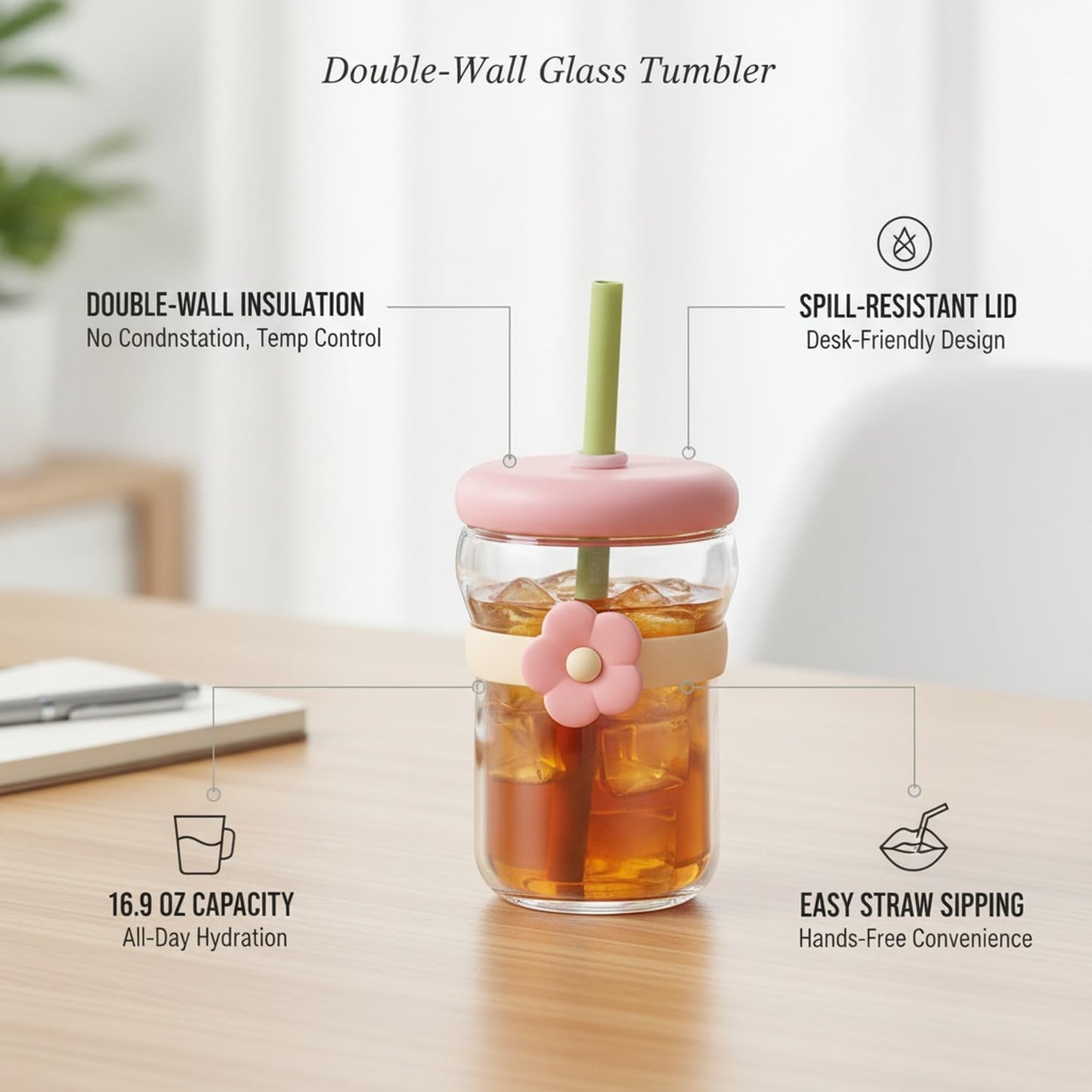16.9 oz Double-Wall Glass Tumbler with Lid & Straw, Insulated Cup for Hot & Cold Drinks, Fits Cup Holders
