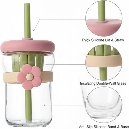 16.9 oz Double-Wall Glass Tumbler with Lid & Straw, Insulated Cup for Hot & Cold Drinks, Fits Cup Holders