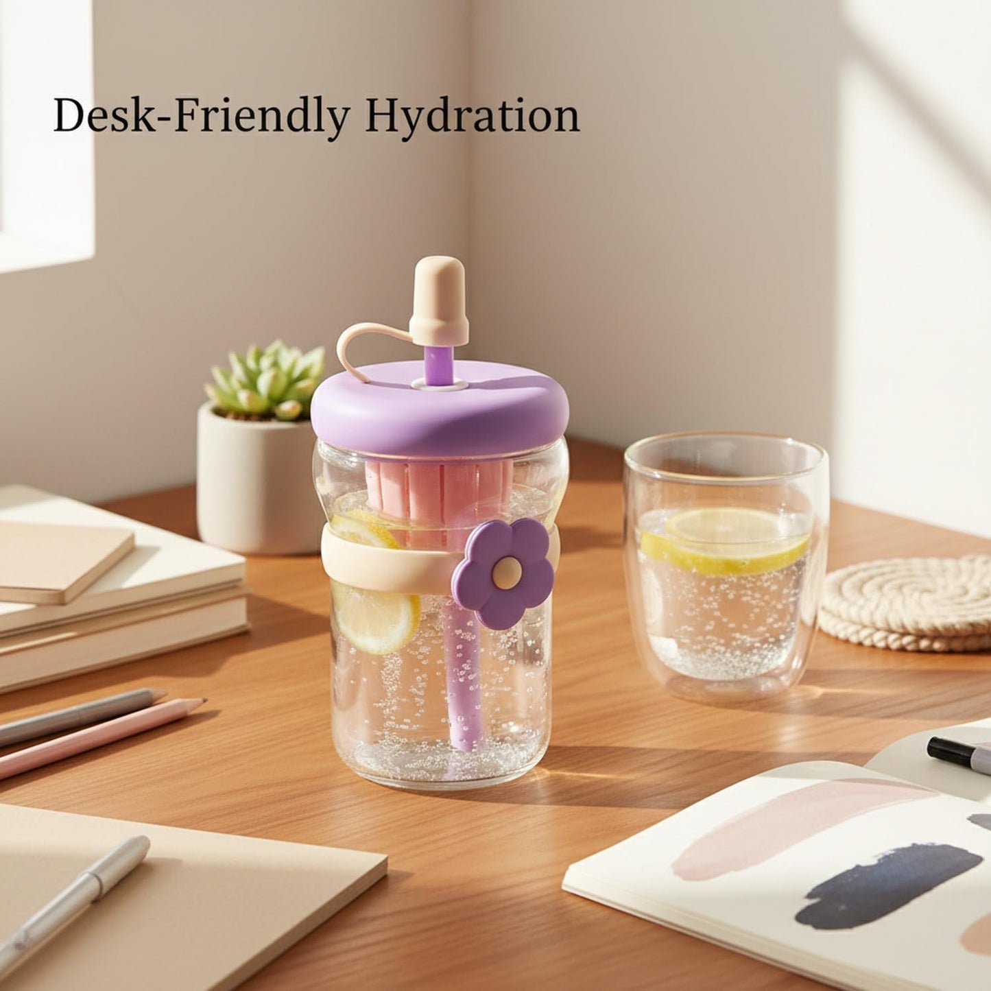 16.9 oz Double-Wall Glass Tumbler with Lid & Straw, Insulated Cup for Hot & Cold Drinks, Fits Cup Holders