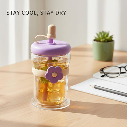 16.9 oz Double-Wall Glass Tumbler with Lid & Straw, Insulated Cup for Hot & Cold Drinks, Fits Cup Holders