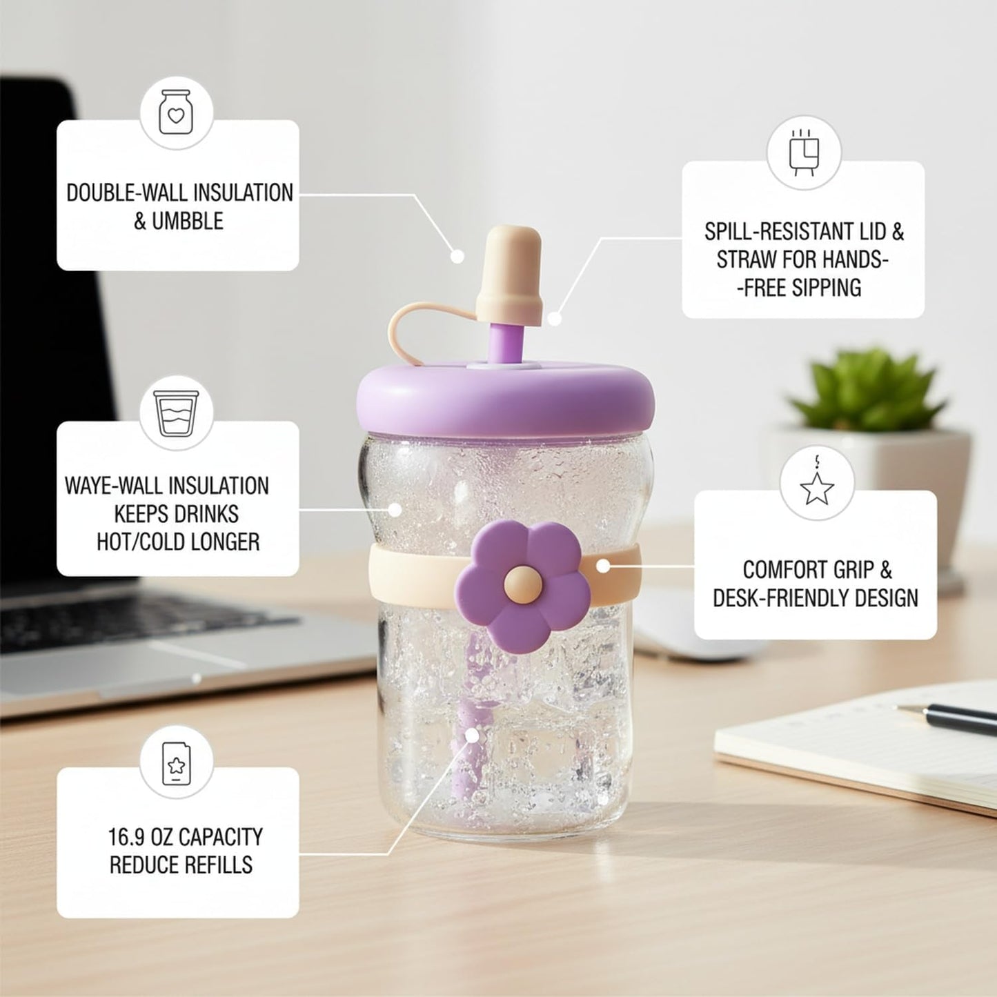 16.9 oz Double-Wall Glass Tumbler with Lid & Straw, Insulated Cup for Hot & Cold Drinks, Fits Cup Holders