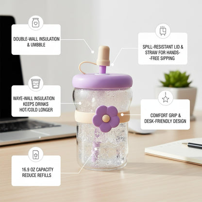 16.9 oz Double-Wall Glass Tumbler with Lid & Straw, Insulated Cup for Hot & Cold Drinks, Fits Cup Holders