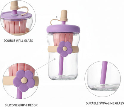 16.9 oz Double-Wall Glass Tumbler with Lid & Straw, Insulated Cup for Hot & Cold Drinks, Fits Cup Holders