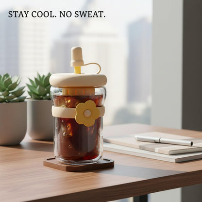 16.9 oz Double-Wall Glass Tumbler with Lid & Straw, Insulated Cup for Hot & Cold Drinks, Fits Cup Holders