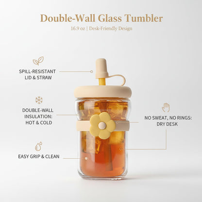 16.9 oz Double-Wall Glass Tumbler with Lid & Straw, Insulated Cup for Hot & Cold Drinks, Fits Cup Holders