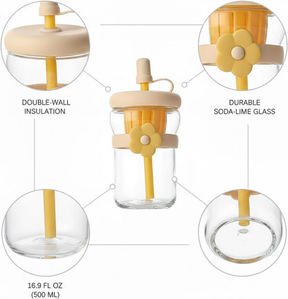 16.9 oz Double-Wall Glass Tumbler with Lid & Straw, Insulated Cup for Hot & Cold Drinks, Fits Cup Holders