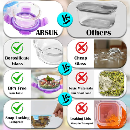 8 Oz Small Glass Food Storage Containers With Lids (6 Pack) - Airtight, Leakproof, BPA Free - 1 Cup Glass Containers with Lids for Sauce, Meal Prep - Reusable, Dishwasher, Microwave, & Freezer Safe