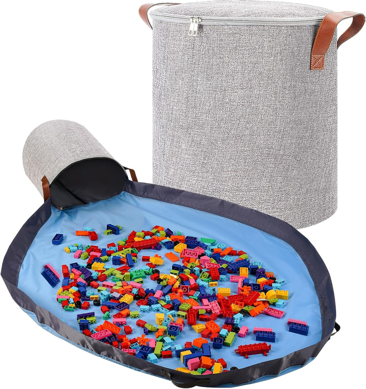 XXL Toy Storage Organizer with Play Mat – 15" x 15" x 16" Storage Bin for Kids Playroom, Foldable Fabric Bag and Basket for Nursery (Gray)
