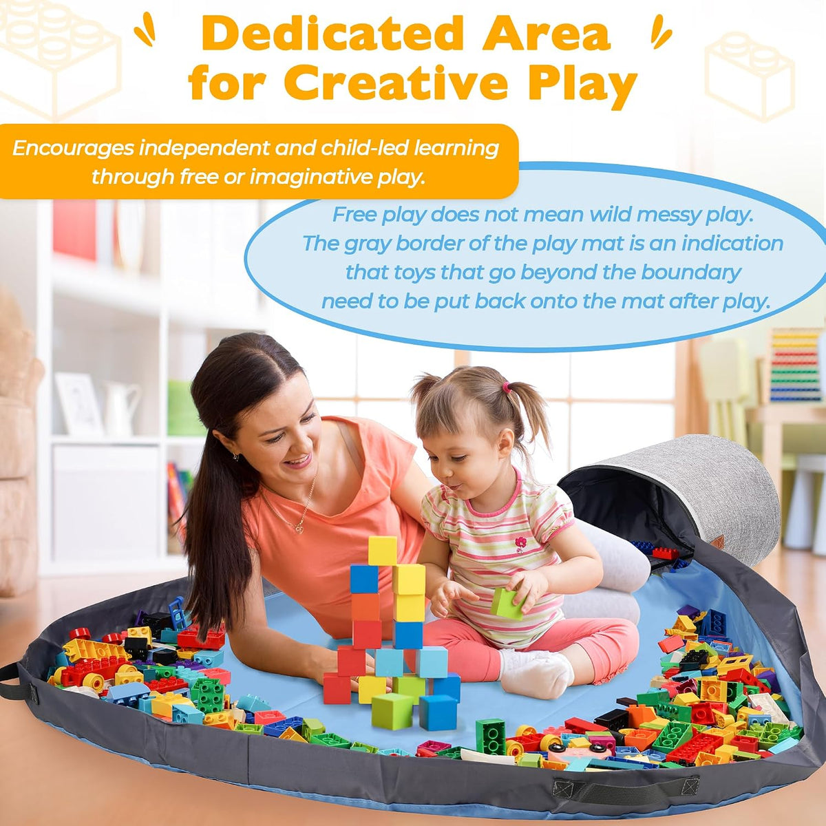 XXL Toy Storage Organizer with Play Mat – 15" x 15" x 16" Storage Bin for Kids Playroom, Foldable Fabric Bag and Basket for Nursery (Gray)