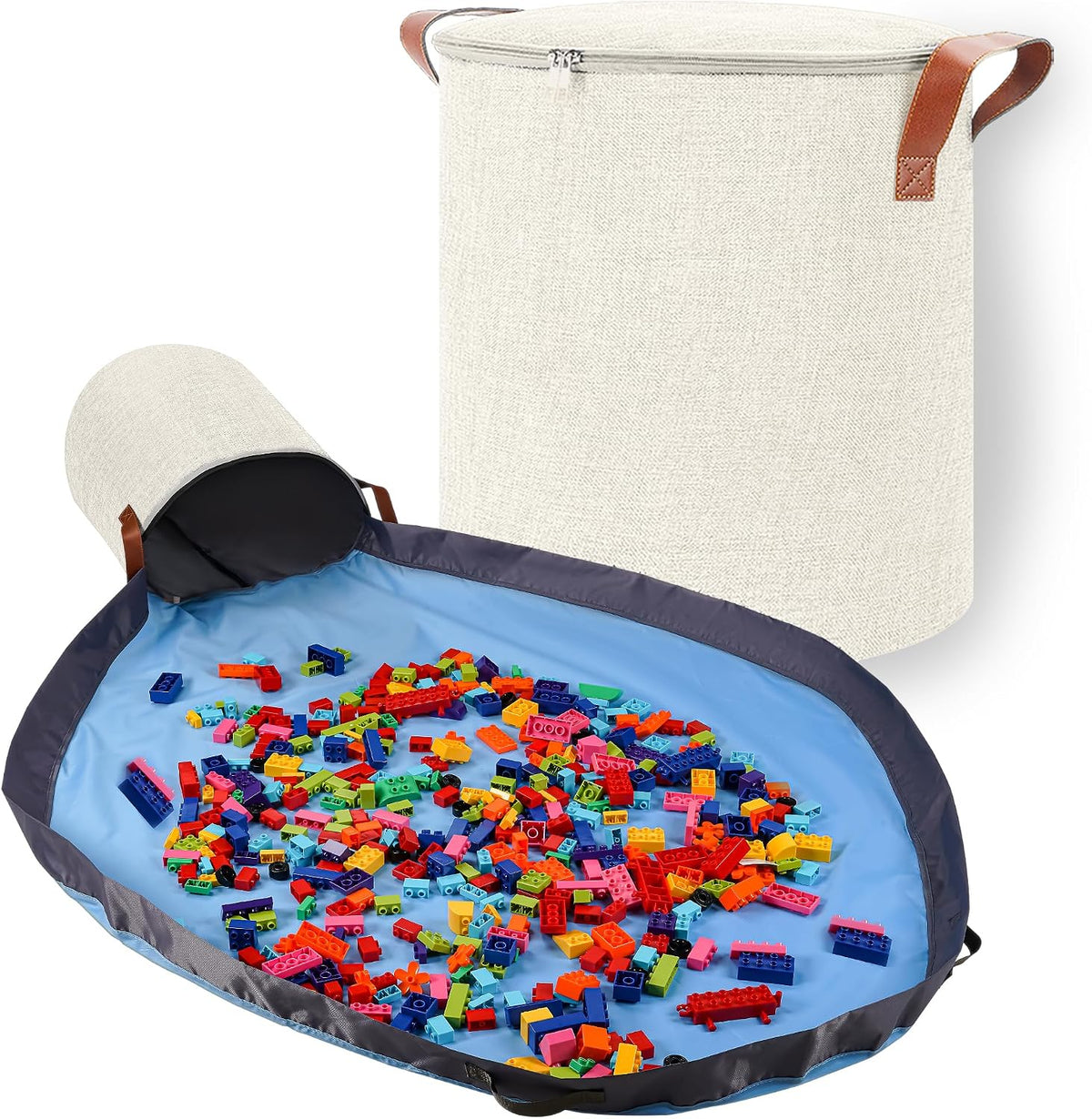 XXL Toy Storage Organizer with Play Mat – 15" x 15" x 16" Storage Bin for Kids Playroom, Foldable Fabric Bag and Basket for Nursery (Gray)