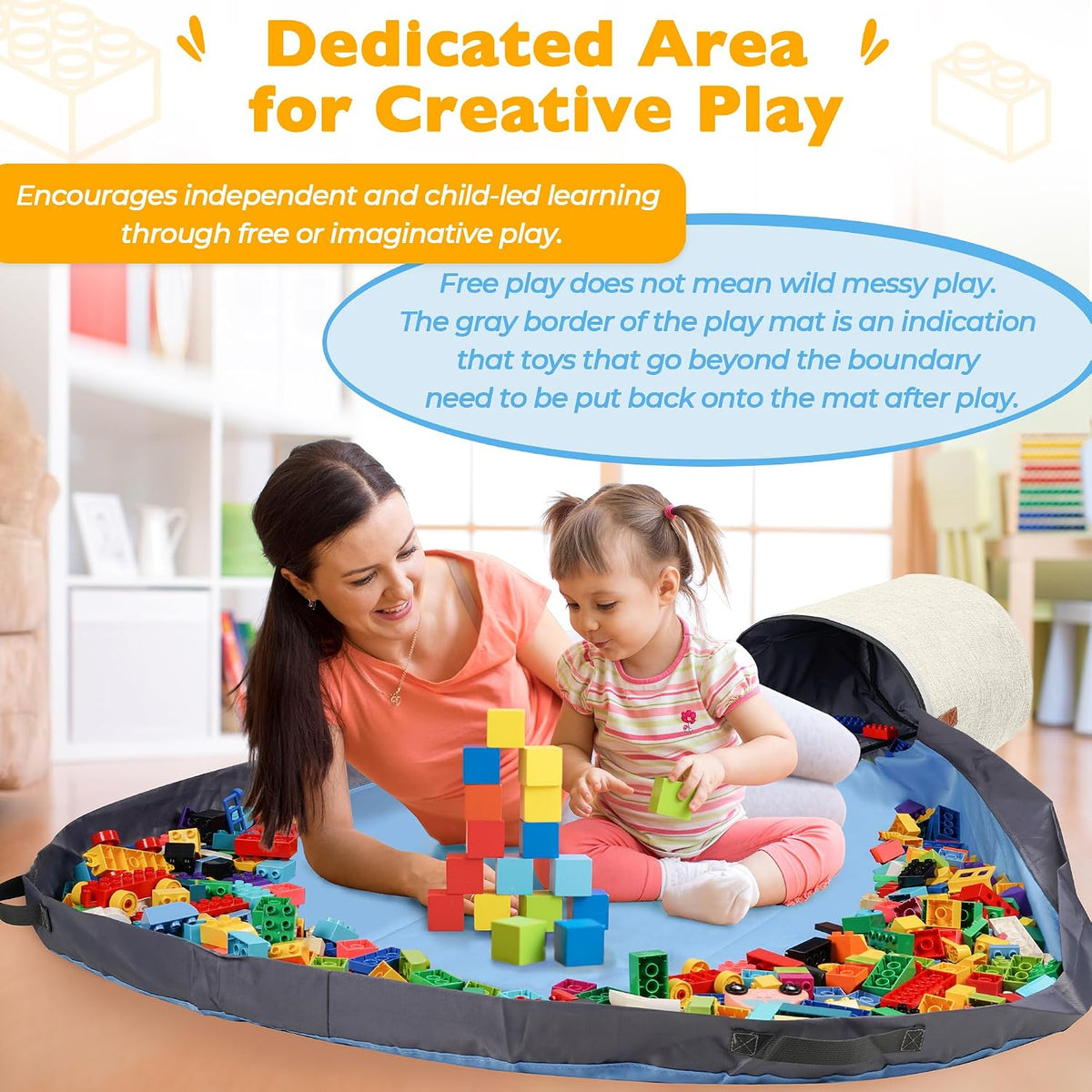XXL Toy Storage Organizer with Play Mat – 15" x 15" x 16" Storage Bin for Kids Playroom, Foldable Fabric Bag and Basket for Nursery (Gray)