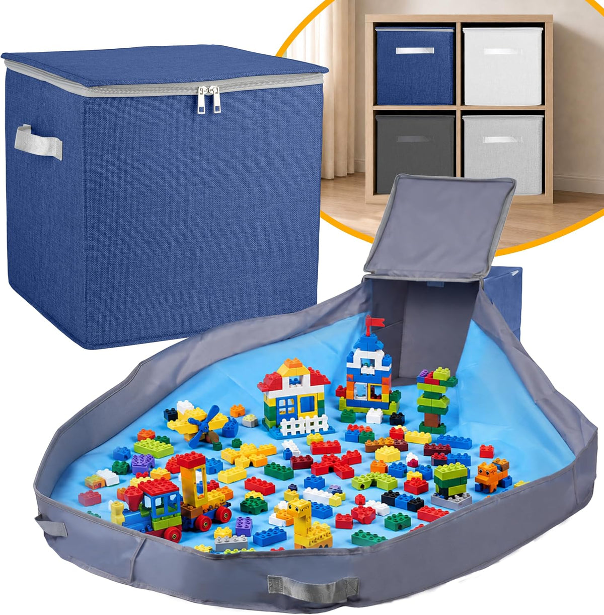 XXL Toy Storage Organizer with Play Mat – 15" x 15" x 16" Storage Bin for Kids Playroom, Foldable Fabric Bag and Basket for Nursery (Gray)