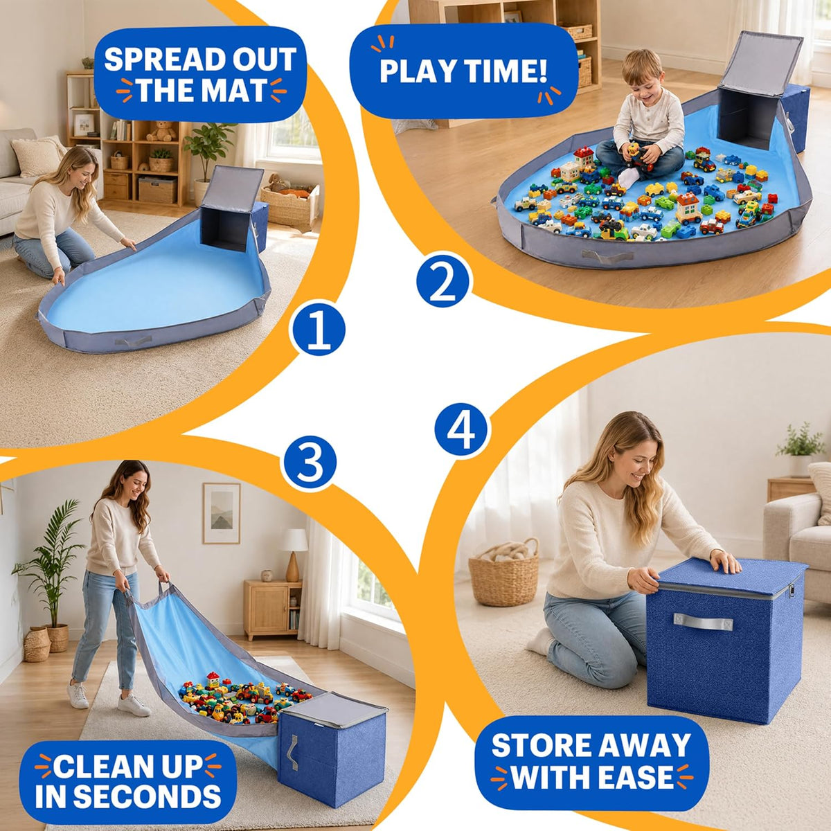 XXL Toy Storage Organizer with Play Mat – 15" x 15" x 16" Storage Bin for Kids Playroom, Foldable Fabric Bag and Basket for Nursery (Gray)