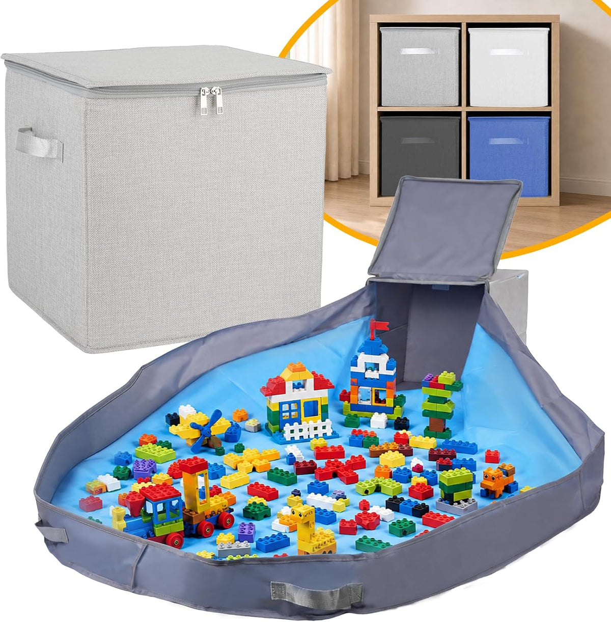 XXL Toy Storage Organizer with Play Mat – 15" x 15" x 16" Storage Bin for Kids Playroom, Foldable Fabric Bag and Basket for Nursery (Gray)