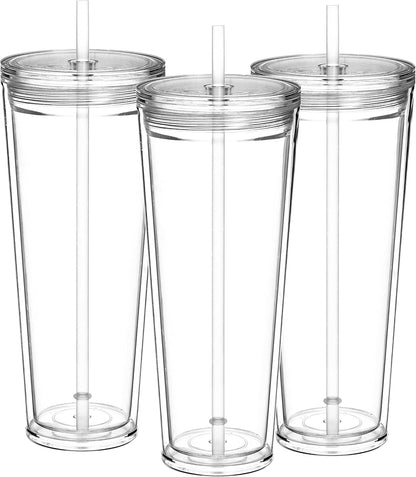 24 oz Clear Tumblers with Lid and Straw, 3 Pack Plastic Tumblers, Reusable Double Wall Insulated Cups for Travel,Parties, Birthdays,Gifts(3, Transparent+Black+Green)