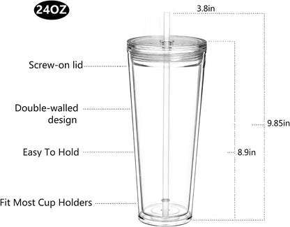 24 oz Clear Tumblers with Lid and Straw, 3 Pack Plastic Tumblers, Reusable Double Wall Insulated Cups for Travel,Parties, Birthdays,Gifts(3, Transparent+Black+Green)