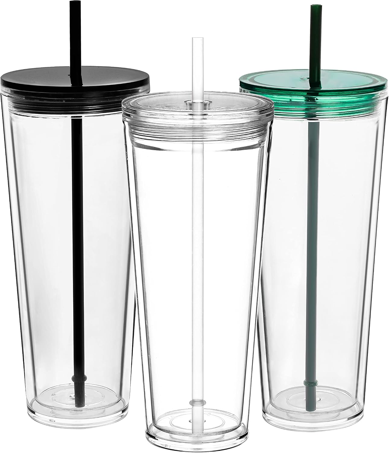 24 oz Clear Tumblers with Lid and Straw, 3 Pack Plastic Tumblers, Reusable Double Wall Insulated Cups for Travel,Parties, Birthdays,Gifts(3, Transparent+Black+Green)