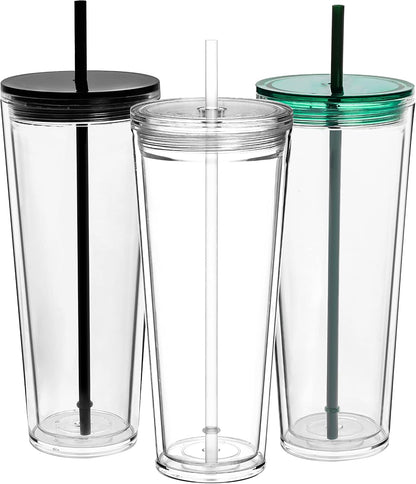24 oz Clear Tumblers with Lid and Straw, 3 Pack Plastic Tumblers, Reusable Double Wall Insulated Cups for Travel,Parties, Birthdays,Gifts(3, Transparent+Black+Green)